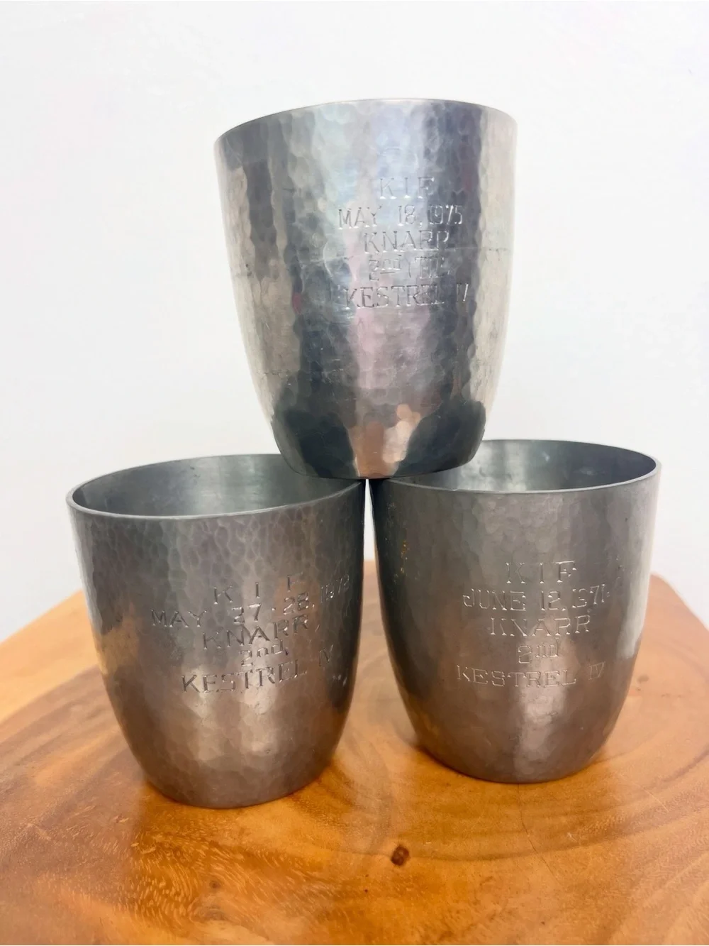 PORTER BLANCHARD 70’s Vintage Sail Boat Racing Hand Hammered Pewter Tumblers 3